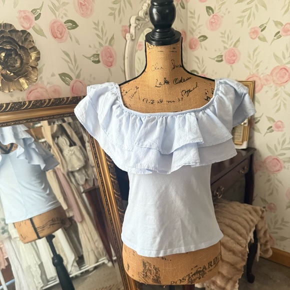 Light Blue Ruffle Off-The-Shoulder Top - Picture 2 of 5